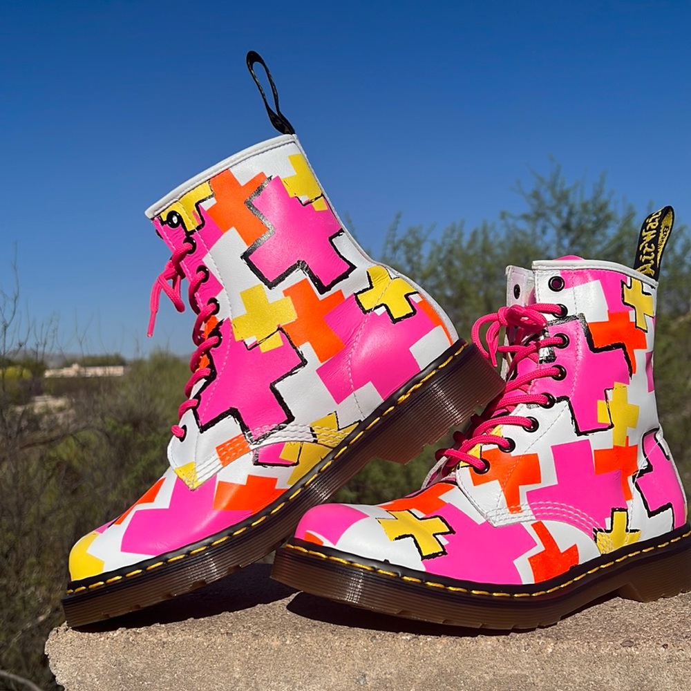 New Dr. Martens Pink & Yellow Color Block Abstract / Rave / Grunge 1460W Boots